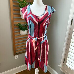 Anthropologie AQUA Dress Women Belted Blue Red Geometric Print Button Mini, XS